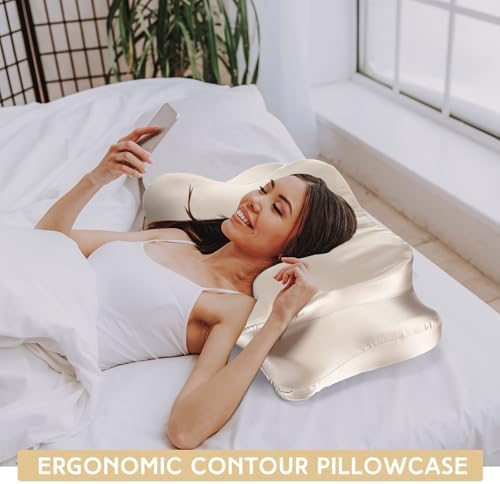 Hahafelt Cervical Neck Pillowcase (Only Pillowcase) Satin Pillow Cover with Zipper Ergonomic Contour Pillow Cover for Side Back Stomach Sleepers(Champagne,Queen Size) - Image 5