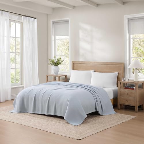Tommy Hilfiger - Twin Cotton Blanket, Textured Pique Weave Bedding, Medium Weight Soft Blanket, Anti-Pilling & Fade Resistant, Ideal for Layering, Oeko-TEX Certified (Blue) - Image 2