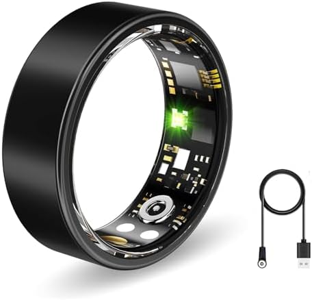 Smart Ring, Health Fitness Tracker with Heart Rate Blood Oxygen Monitor, Sleep & All-Day Sports Tracking, Long Battery Life Waterproof Wearable Ring for Men Women (R02C, Black, 9) by Unknown