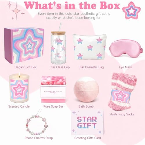 Gift Baskets for Women 9pcs Y2K Star Birthday Gifts for Teen Girls Pixel Gift Box Star Glass Cup Self Care Spa Stuff for Her Sister Friend Mom Perfect for Sweet 16 18th 21st Bday Mothers Day - Image 2