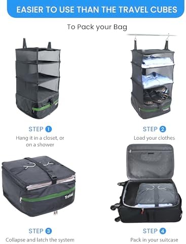 Grand Fusion Stow-N-Go Hanging Travel Shelves, Packing Organizer for Luggage. Carry on Closet for Suitcase. Expandable Packing Cube. Travel Essentials. (Dark Gray - L, L = (L) 11.8" x (W) 11.8") - Image 7