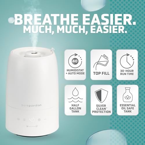 PureGuardian 30-Hour .50 Gallon Top Fill Cool Mist Ultrasonic Humidifier for Large Rooms with Humidistat, 12-Hour Timer, Aroma Tray for Bedroom, Living Room, Office, White, H955W - Image 2