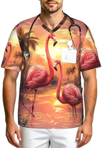 Men's Scrub Top,V-Neck Spill Wrinkle Resistant,3 Pockets-Flamingo Paradise (7) by Unknown