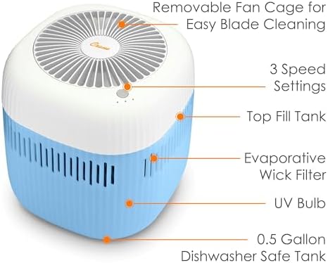 Crane Evaporative Humidifier, Wick Filter, Dishwasher Safe Tank, UV Light, No White Dust, Whisper Quiet, Bedroom Nursery Office, 1.9L Tank, Up To 250 SQ FT - Image 3