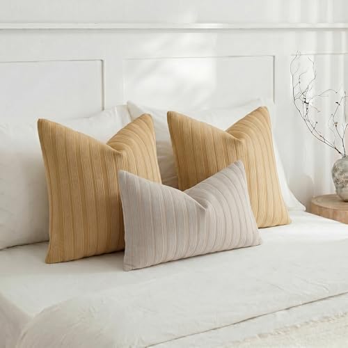 DEZENE 24x24 Mustard Yellow Throw Pillow Covers Pack of 2 Soft Striped Corduroy Square Spring Summer Pillow Cases for Couch Sofa Bedroom Living Room Home Decor - Image 6