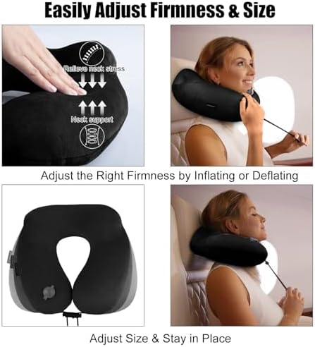 Inflatable Travel Neck Pillow for Airplanes, Super Soft Velvet Neck Support, Adjustable Firmness, Blow Up Plane Pillow for Long Flights, Road Trips, Travel Essentials with Eye Mask, Earplug - Image 5