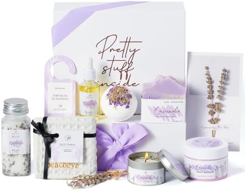 Mothers Day Gifts for Mom Spa Bath Gift Baskets Relaxing Spa Self Care for Women Her Sister Wife Bridal Shower Gifts Box Home Bath Care Package Thank You Birthday (Purple -Spa for Women) by PEACOEYE