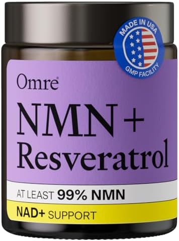 OMRE NMN + Resveratrol Supplement 99% Purity for Cellular Energy, NAD+ Boost | Highly Bioavailable Nicotinamide Mononucleotide Supplement Resveratrol 500mg & NMN 500mg, Made in USA, 60 Capsules by Omre%C2%AE