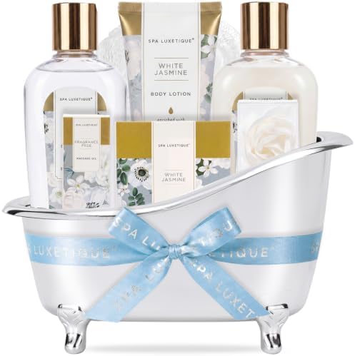 Spa luxetique 8pcs Jasmine Gift Set for Women, Spa Gift Baskets Bath and Body Gifts with Shower Gel, Bubble Bath, Birthday Anniversary Christmas Gifts for Mom by spaluxetique
