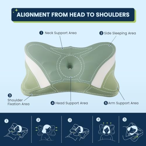 Sweetcrispy Queen Cervical Pillow for Neck and Shoulder - Ergonomic Memory Foam Pillows, Contour Side Sleeper for Adults, Cooling Orthopedic Neck Support for Back Stomach Sleepers, Green - Image 3