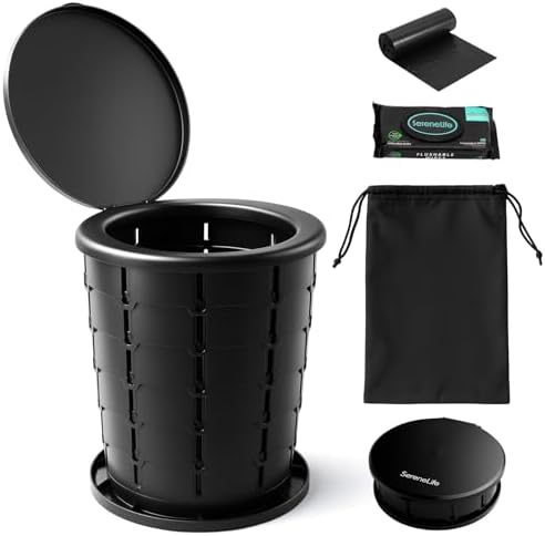SereneLife Foldable Toilet Seat for Camping, Adjustable Height Portable Travel Potty with Lid, Carry Bag, Non-Slip Base, 331 lbs Capacity + 3-Pack Flushable Wipes, for Car, Hiking, Outdoor Use, Black by SereneLife
