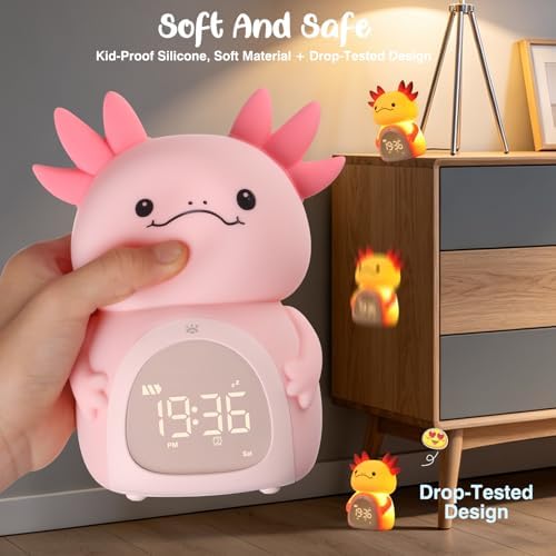 Axolotl Kids Alarm Clock, Rechargeable Ok to Wake Clock with Night Light - BPA-Free Silicone Sleep Training Clock, Cute Boys Girls Wake Up Clock for Bedroom - Image 7