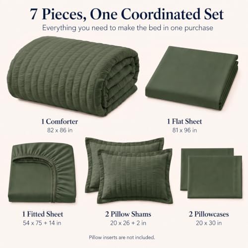 CozyLux Full Size Comforter Set 7 Pieces Dark Green Seersucker Bed in a Bag - Image 2