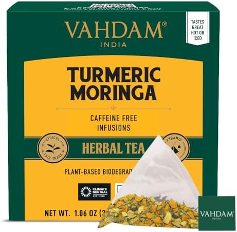 VAHDAM, Turmeric Moringa Tea Bags (15 Herbal Tea Bags) Caffeine Free, Non GMO, Gluten Free | 100% Pure Herbal Blend - Sweet & Earthy | Resealable Ziplock Pouch | Individually Wrapped by Unknown