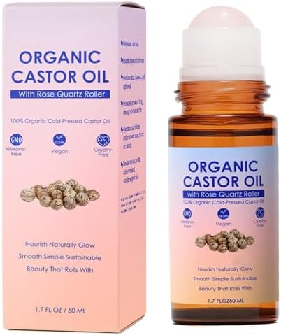 Organic Castor Oil Rose Quartz Roller Ball, Castor Oil Roll-On old-Pressed Pure Organic Golden Castor Oil Roller Ball for Hair Growth, Eyelashes, Eyebrows & Skin, 1.7 fl oz(1) by Unknown