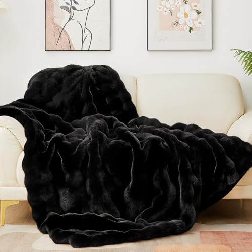 Latepis Soft Black Faux Fur Bubble Blanket, Fuzzy Warm Cozy Twin Blankets for Couch, Plush Fluffy Blankets for Sofa and Bedroom, Throw Blanket, 60” x 80”, 860GSM by Latepis