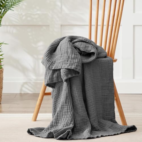 100% Cotton Muslin Blanket Large 50" x 70", Breathable and Lightweight Cotton Throw Blanket for Bed and Couch, Soft Cooling Summer Gauze Blanket for Adults All Season, Dark Grey - Image 2