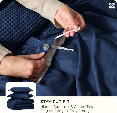 Bedsure PureWoven 3 Pieces 100% Cotton Waffle Duvet Cover Set, Queen, Navy - Image 5