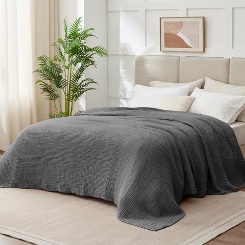 100% Cotton Muslin Blanket California King 120" x 90", 6 Layers Breathable and Lightweight Oversized Blankets for Bed, Soft Cooling Gauze Blanket for Adults All Season, Dark Grey by Kozyhvn