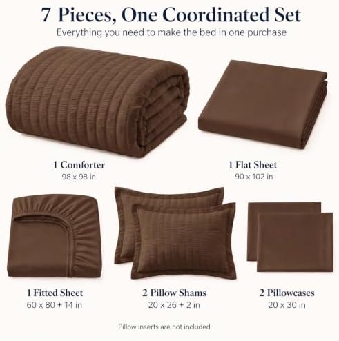 CozyLux Oversized Queen Comforter Set, 7-Piece Brown Seersucker, 98 x 98 in - Image 2