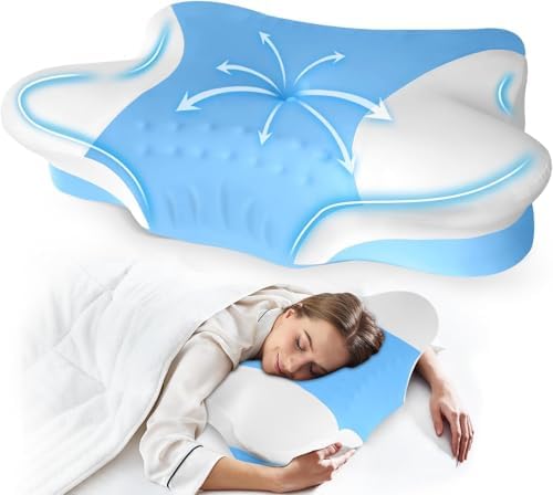 Cervical Neck Pillows with Memory Foam - Ergonomic Neck Support Pillows for Pain Relief Contour Memory Foam - Adjustable Orthopedic Bed Pillows with Cooling Breathable Pillowcase for Sleeping - Blue by Puzzlandia