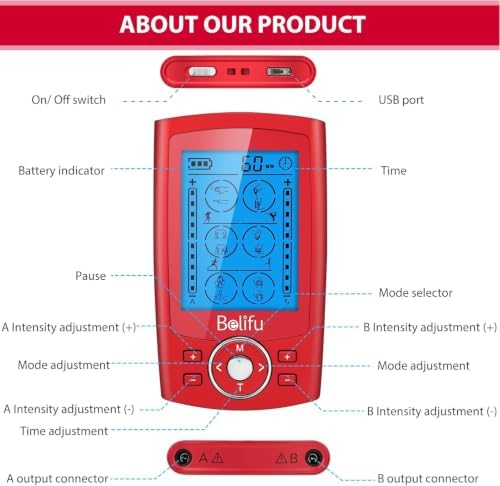 Belifu Dual Channel TENS EMS Unit 24 Modes Muscle Stimulator for Pain Relief Therapy, Electronic Pulse Massager Muscle Massager with 10 Pads, Dust-Proof Drawstring Storage Bag, Fastening Cable Ties - Image 2