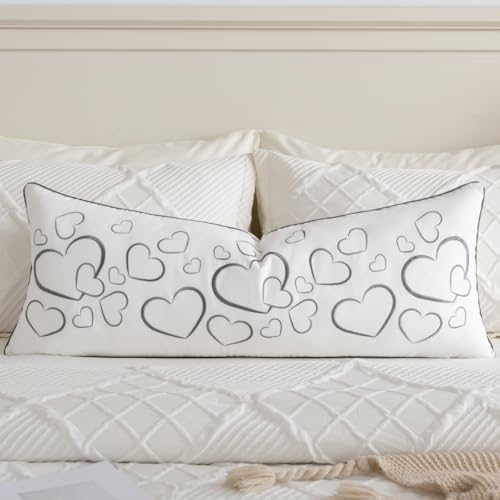 Sanmetex Loving Heart Long Lumbar Pillow Covers 14x36 Inches, Soft Embroidered Modern Decorative Throw Pillow Case for Sleeping Bed Bedroom Living Room and Home Décor Grey by Sanmetex