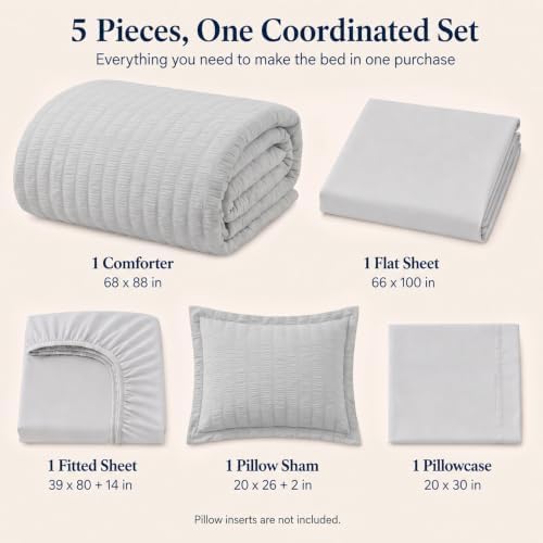 CozyLux Twin XL Comforter Set, 5 Pieces Light Grey Seersucker Bed in a Bag - Image 2