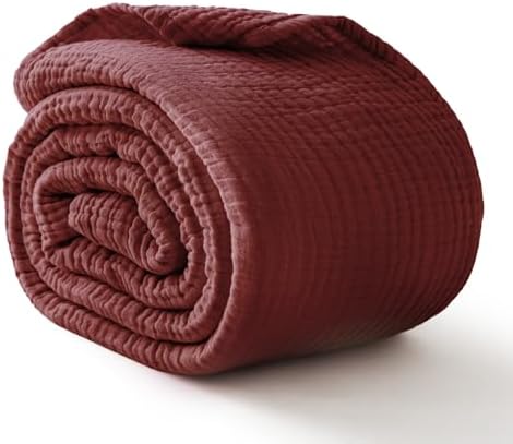 100% Cotton Muslin Blanket Queen 90" x 90", 6 Layers Breathable and Lightweight Cotton Throw Blankets for Bed, Soft Cooling Summer Gauze Blanket for Adults All Season, Burgundy by Kozyhvn