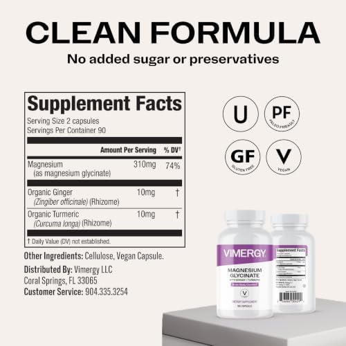 VIMERGY Magnesium Glycinate – Stress Support – Chelated to Avoid Tummy Upset*– Promotes Heart Health & Energy*– Kosher, Vegan Gluten-Free – 180 Caps (Pack of 2) - Image 3