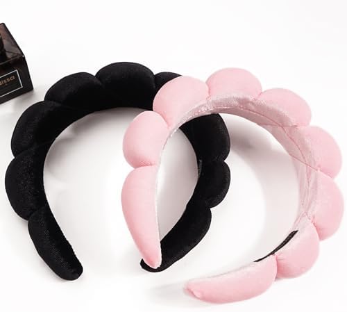 Ayesha 2pcs Spa Headband for Washing Face, Bubble Sponge Soft Hairband for Women - Skincare and Makeup (Pink&Black) - Image 4