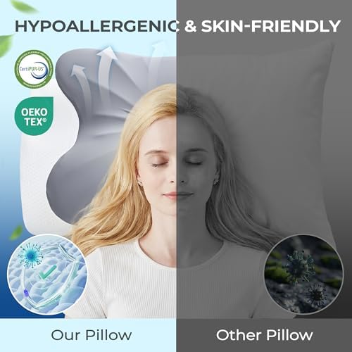 BDEUS Cervical Neck Pillow for Sleeping Ergonomic Pillow Memory Foam Pillows Side Sleeper Pillow for Neck Pain Relief Sleep Apnea Pillow Butterfly Arm Grooves Dual Height, Grey - Image 3