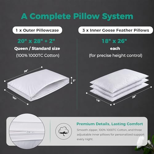 Three Geese Adjustable Layer Goose Feather Pillow,Assemblable Bed Pillow,100% Soft Organic Cotton Cover,Good for Side and Back Stomach Sleeper, Queen Size,Packaging Include 1 Pillow - Image 5