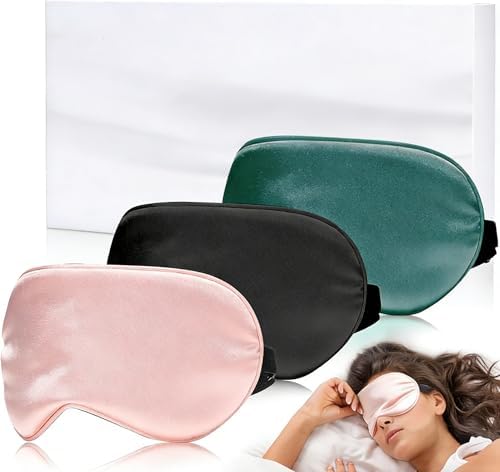 Eye Mask for Sleeping,3 Pack Silk Sleep Masks for Women Men-Blindfold for Travel on Airplane,100% Pure Silk Eye Mask for Sleep with Adjustable Strip(Black-Pink-Green) 8.86 * 4.92 * 1 inches by L%C3%93VFEIFAN