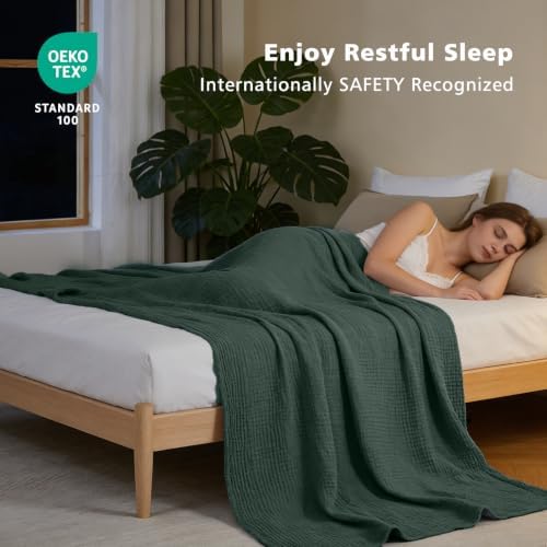 EMME Cotton Muslin Queen Blanket Bed Layering Bedspread Coverlet Breathable Gauze Soft Lightweight Blankets (Heather Forest Green, 90"x90") - Image 5