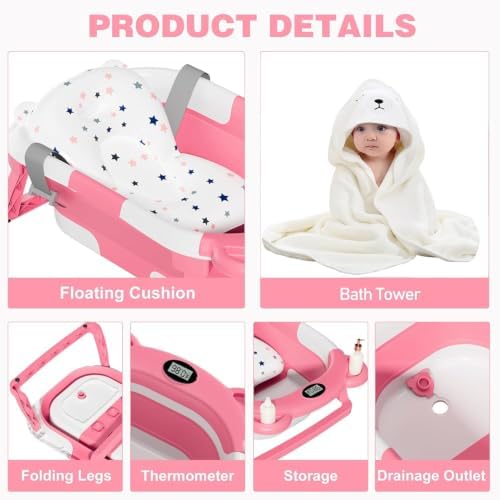 MoreFeel Collapsible Baby Bathtub for Newborn with Thermometer & 1 Hooded Towel & 1 Soft Floating Cushion,Portable Travel Bathtub with Drain Hole, Durable Foldable Baby Tubs for Infants to Toddler - Image 6