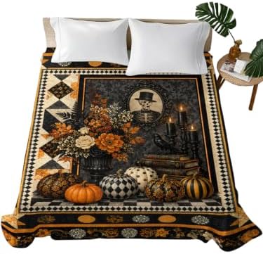 Halloween California King Flat Sheet Pumpkin Floral Vase Flat Sheets Only Soft Bedding Top Sheets Skeleton Book Candle Plaid Cal King Bed Sheet for All Season Bedroom Dorm Halloween Decor by LooPoP