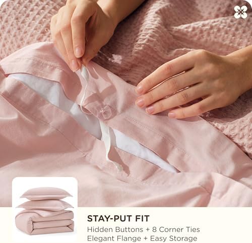 Bedsure PureWoven 3 Pieces 100% Cotton Waffle Duvet Cover Set, Queen, Pink - Image 5