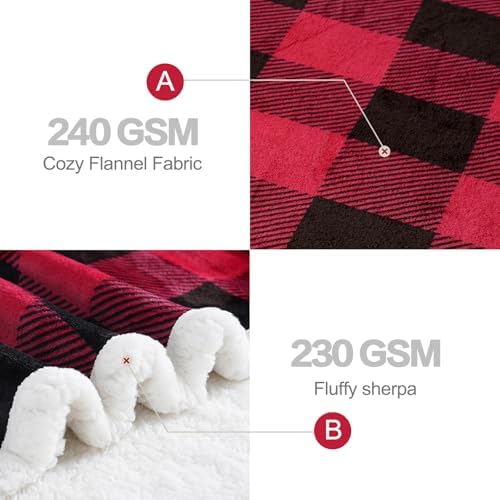 PU MEI Sherpa Fleece Throw Blanket 80" x 90" Reversible Plush Fluffy Large Big Blanket Lattice Flannel Blankets for All Season Use, Red and Black - Image 3