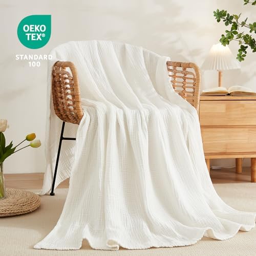 EMME Cotton Muslin Large Throw Blanket Couch Breathable Gauze Soft Lightweight Bed Blankets Adults (White,50"x70") - Image 4