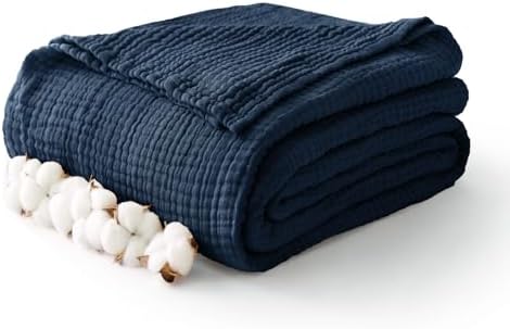 100% Cotton Muslin Blanket Twin 60" x 80", Breathable and Lightweight Cotton Twin Blankets for Couch, Soft Cooling Summer Gauze Blanket for Adults All Season, Navy Blue by Kozyhvn
