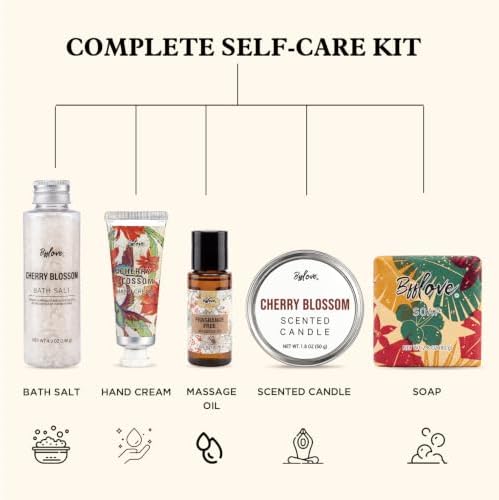 BFFLOVE Gift Set for Women 5pcs Cherry Blossom Spa Set, Birthday Presents for Her with Massage Oil, Scented Candle, Bath Salts, Hand Cream, Mothers' Day Gifts for Her - Image 2