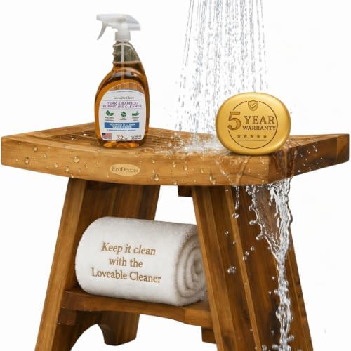 EcoDecors 18" Teak Shower Bench with 32 oz Teak Cleaner Spray by EcoDecors