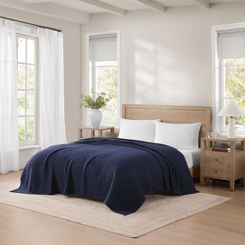 Tommy Hilfiger - Twin Cotton Blanket, Textured Pique Weave Bedding, Medium Weight Soft Blanket, Anti-Pilling & Fade Resistant, Ideal for Layering, Oeko-TEX Certified (Navy) - Image 2
