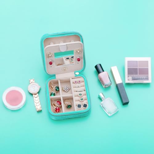 ZPROW Plush Velvet Travel Jewelry Case, Travel Jewelry Organizer, Jewelry Travel Case, Travel Jewelry Box, Small Jewelry Case, Jewelry Travel Box, Earring Organizer with Mirror - CyanBlue - Image 6