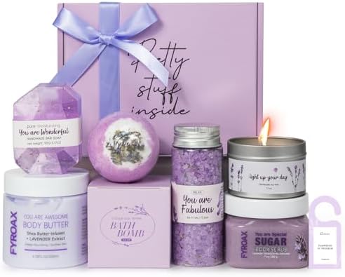 Spa Gifts for Women 7 Pcs Home Spa Kit Lavender Bath Set,Spa Gift Baskets Self Care Gifts Spa Gifts for Women Birthday,Mothers Day Basket Easter Christmas Bath Set by Fyroax
