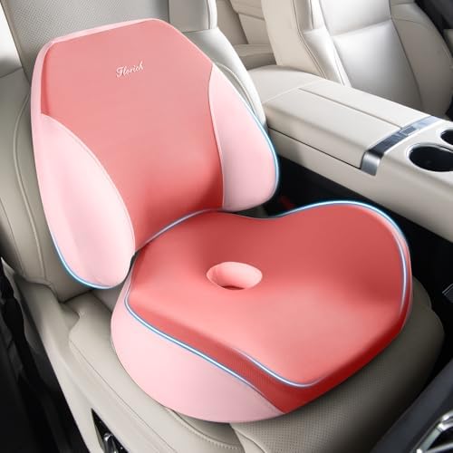 FLORICH Lumbar Support Pillow and Car Seat Cushion for Driving Car Office Chair, Memory Foam Back Support Pillow and Office Seat Chair Cushion for Sciatica Pain Relief - Pink by FLORICH