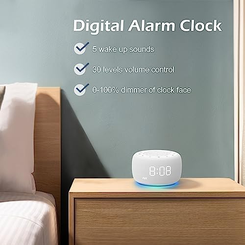 Buffbee Sound Machine & Alarm Clock 2-in-1, 0-100% Clock Face Brightness, Bottom Colored Light, Sleep Timer, Precise 30-Level Volume Control White Noise Machine - White - Image 6