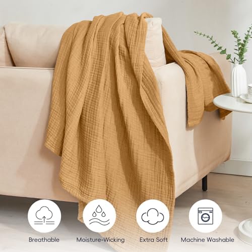 PHF 100% Cotton Muslin Throw XL Blanket Large 50" x 70", 4-Layer Lightweight Gauze Throw, Breathable Cloud-Soft Minimalist Blanket for Bed, Couch, Camping & Baby, Amber, Ideal Gift - Image 5