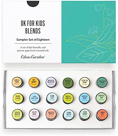 Edens Garden OK For Kids Essential Oils Sampler 18 Set – 100% Pure Therapeutic Grade, Aromatherapy Scents for Gentle Skin Care, Diffusers & Home – Natural, Undiluted & Family Friendly, .92 ml/ 18 Pack by EdensGarden